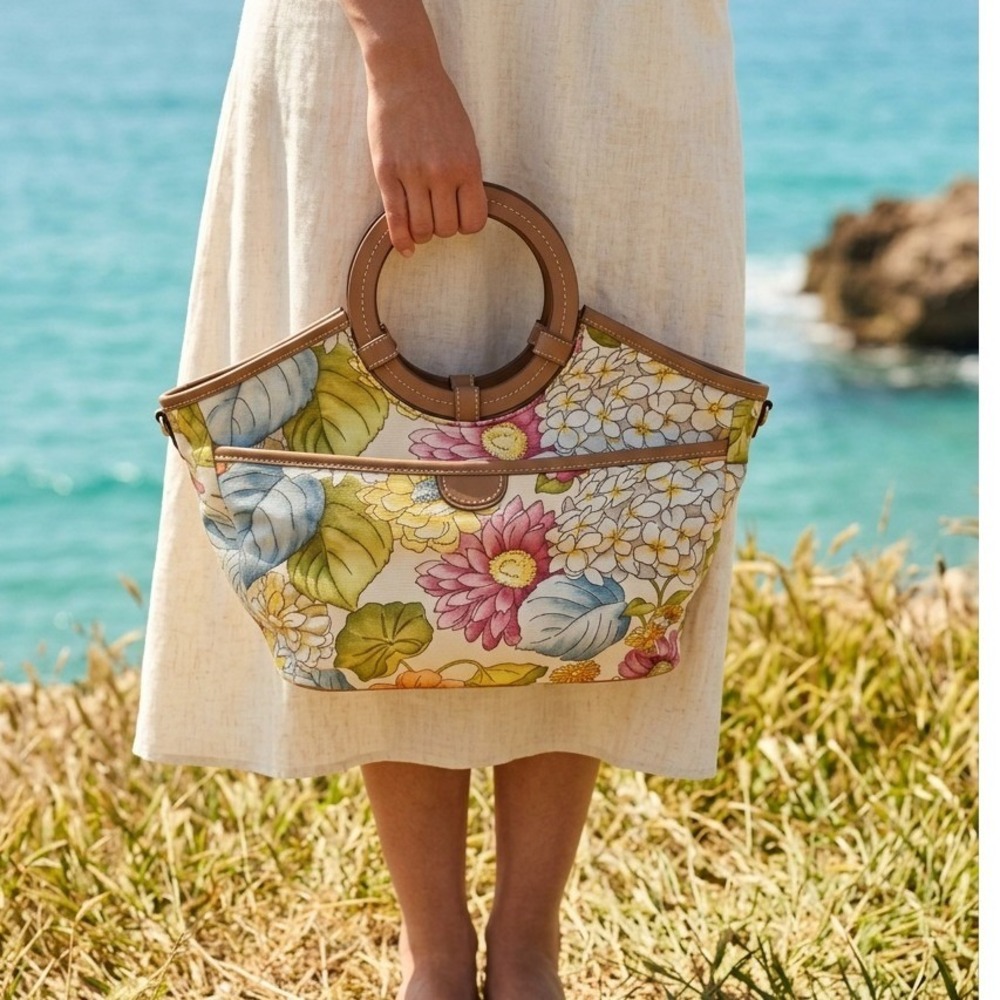 Vintage Fossil Floral Tapestry Canvas Satchel Bag Circle Handles Tan Leather